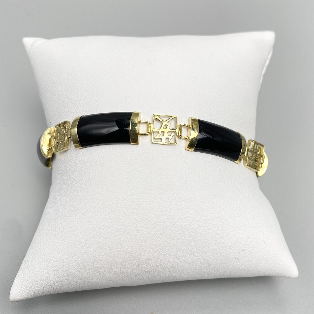 Vintage Solid 14K Gold Black Onyx Chinese Symbol Link Bracelet
